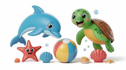 Fototapeta premium Cute dolphin turtle starfish and beach ball toys for bath time fun
