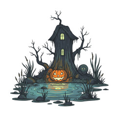 Spooky Tree House with Pumpkin by Pond for Halloween Illustration.
