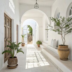 Fototapeta premium White Arched Hallway with Potted Plants