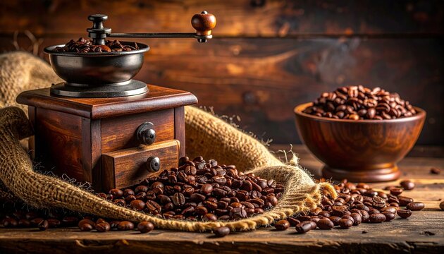 Coffee beans with grinder and wooden bowl on burlap sack.