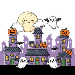 Cute cartoon ghosts and pumpkins in a haunted Halloween town.