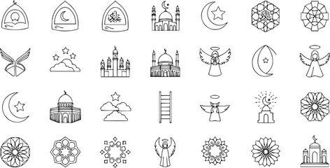Islamic Spiritual and Religious Line Art Icons Set with Mosques, Angels, Crescent Moon, Stars, and Geometric Patterns