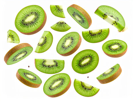Assortment of Freshly Sliced Kiwi Fruits and Pieces on a White Background halves