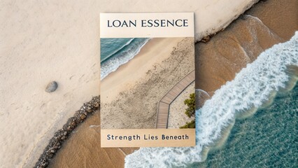 Aerial View of Tranquil Beach with Waves and Sandy Shore, Featuring a Book Cover on a Scenic Coastal Landscape