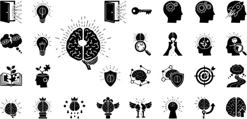 Mind and Idea Icons Set. Brain, thinking, creativity, knowledge, and problem-solving concepts depicted with light bulbs, gears, keys, books, and abstract symbols.