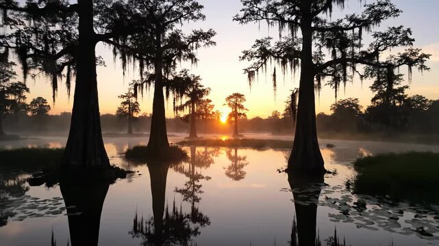 Majestic wide shot of a tranquil swamp at sunrise, with thick fog gently lifting to reveal ancient bald cypress trees wetland, lush, film background