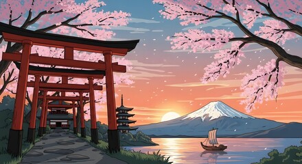 Serene Japanese Sunset with Mount Fuji and Cherry Blossoms