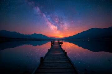 Fototapeta premium dreamlike night sky over a calm lake