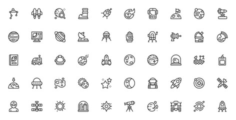 Space icon set. Vector illustration. Includes astronut, rocket, planet, satellte, UFO, black hole, telesope, spaceship, asteroid, rbit, moon, star and more.