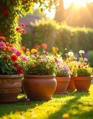 Sunlight bathes colorful blooms in terracotta pots along a verdant lawn