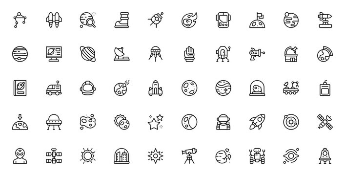 Space icon set. Vector illustration. Includes astronut, rocket, planet, satellte, UFO, black hole, telesope, spaceship, asteroid, rbit, moon, star and more.