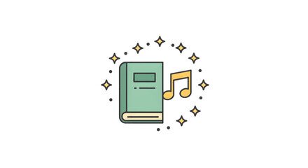 Book and musical note illustration representing knowledge and melody.