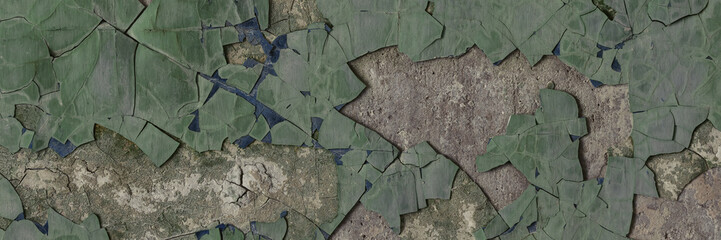 Peeling paint on the wall. Panorama of a concrete wall with old cracked flaking paint. Weathered rough painted surface with patterns of cracks and peeling. Wide panoramic grungy texture for background
