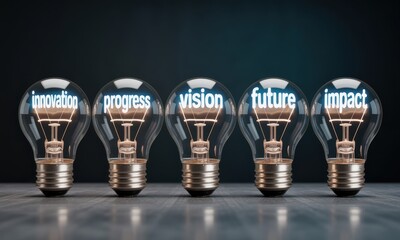 Five glowing light bulbs with words innovation, progress, vision, future, impact on dark background