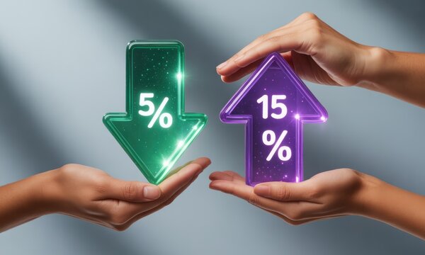 Comparing financial change, human hands holding green 5% decrease and purple 15% increase arrows