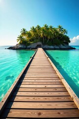 Fototapeta premium Serene Island Dock Golden Sunlight Bathes Calm Turquoise Waters, Perfect for Travel and Vacation Projects