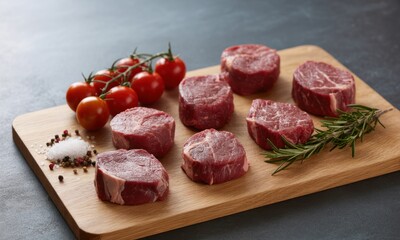 Raw beef medallions, fresh cherry tomatoes, and rosemary on a wooden cutting board