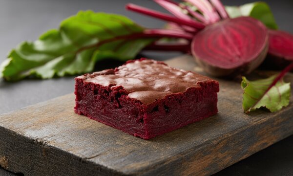 Vibrant red beet brownie square on rustic wood board with fresh beets and leaves