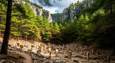Ancient Stone Ruins Nestled in a Verdant Forest Canyon
