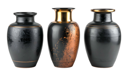 Three elegant vases of varying colors, including black and gold, presented on a black background
