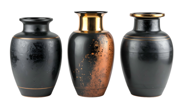 Three elegant vases of varying colors, including black and gold, presented on a black background