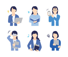 パソコンやタブレット、ファイルを持つ女性ビジネスパーソンのシンプルイメージ イラスト素材