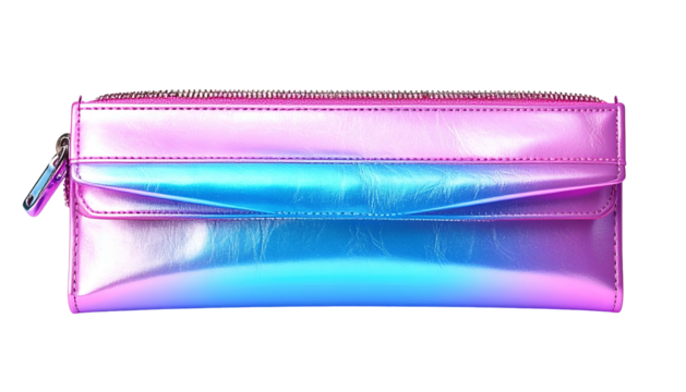 Iridescent clutch with zippered closure, fold-over flap, and gradient color transitions
