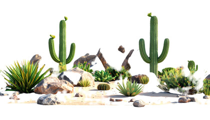 Desert scene featuring cacti, rocks, various plants, and sandy ground against a black background