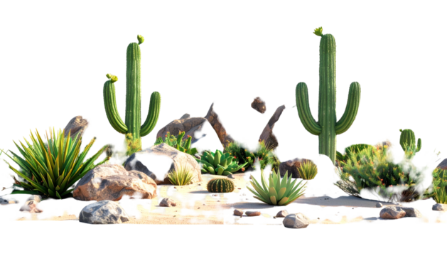 Desert scene featuring cacti, rocks, various plants, and sandy ground against a black background