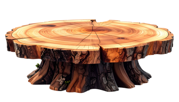 A cartoonish tree stump, showing wood rings and bark, for display or furniture