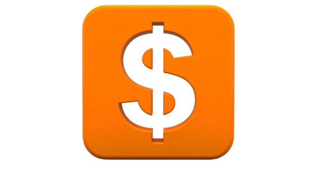 Orange, rounded square with a large, black dollar sign centered on a solid black background