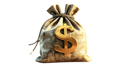 A detailed image of a burlap sack with a golden dollar sign, isolated on black