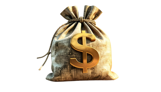 A detailed image of a burlap sack with a golden dollar sign, isolated on black