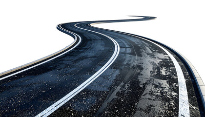 Winding asphalt road with white lane markings curves across a stark black void