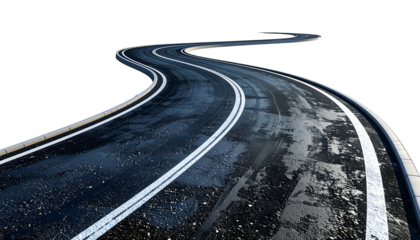 Winding asphalt road with white lane markings curves across a stark black void