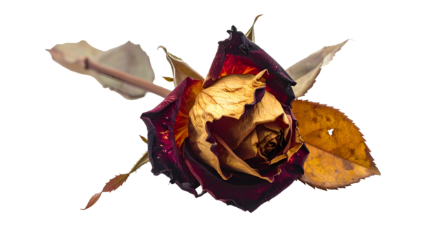 Close-up of a dying rose, dark burgundy petals fading to gold, with dried leaves