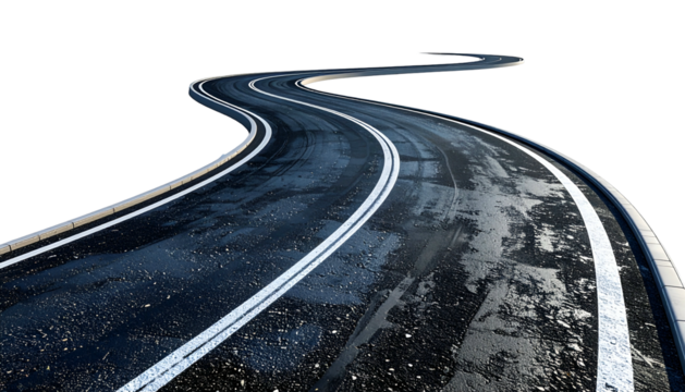 Winding asphalt road with white lane markings curves across a stark black void