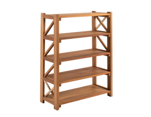 Wooden bookshelf with four shelves and decorative cross bracing on the sides