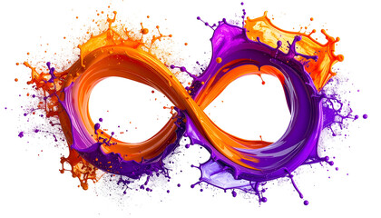 A vibrant infinity symbol formed by merging orange and purple paint explosions, with white accents