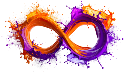 A vibrant infinity symbol formed by merging orange and purple paint explosions, with white accents