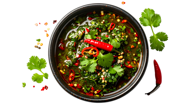 Overhead shot of a small, black bowl filled with vibrant green sauce, red chilies, and herbs - Powered by Adobe