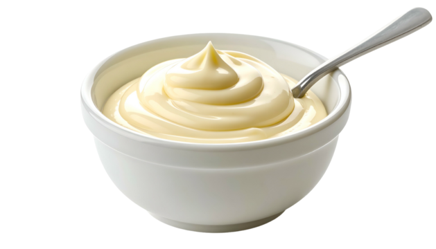 Creamy, off-white, swirling condiment in a white bowl with a spoon. Focus on texture