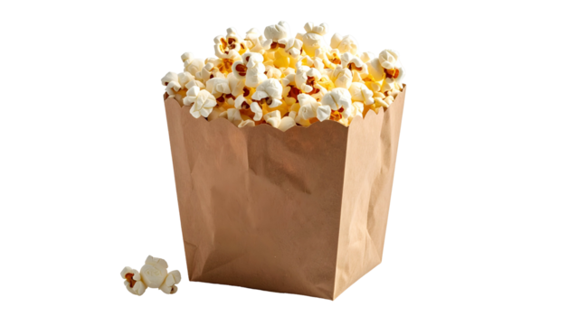 A brown paper bag overflowing with fluffy, buttery popcorn against a black background