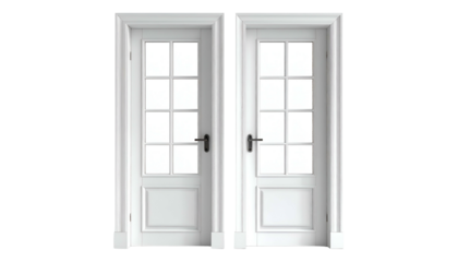 Two white, paneled doors with glass windows, one partially open, on a black background