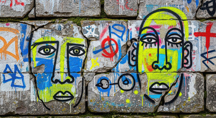 Obraz premium Urban street art with abstract faces on a brick wall.