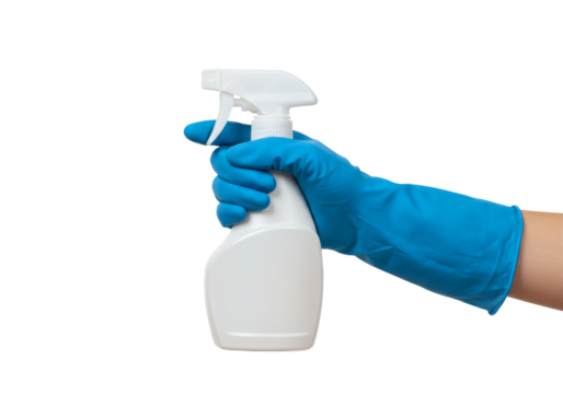 Hand Wearing Blue Glove Holding Spray Bottle Cleaning Disinfecting Sanitizing Hygiene Protection Housework