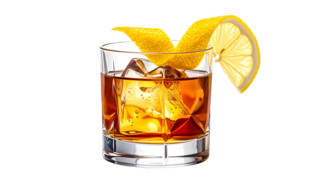 A lowball glass with a brown liquid, ice cubes, and a lemon twist garnish