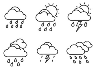Outline Rain and Storm Weather Icons Pack Cloud Lightning Rainfall Graphic
