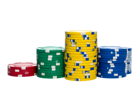 Four stacks of colorful plastic discs, likely gambling tokens, on a black background