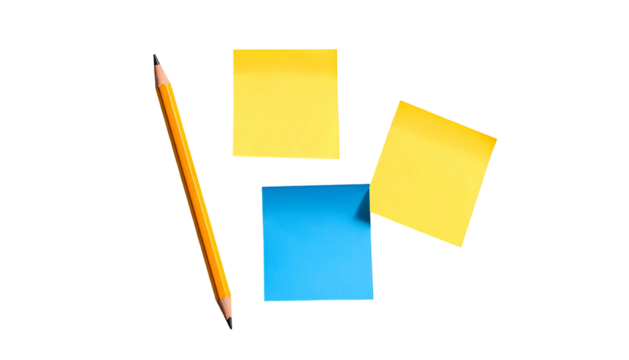 A pencil rests against three sticky notes, two yellow and one blue, isolated on black